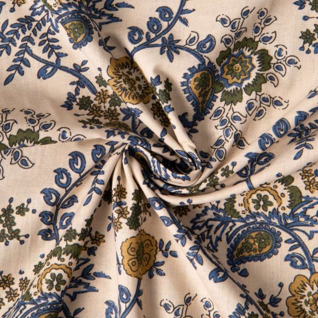 Tissu Voile de Coton indien Block print Fleuris sur fond Crème