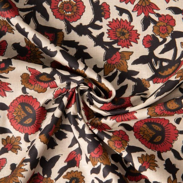 Tissu Voile de Coton indien Block print Fleuris rouge et noir sur fond Naturel