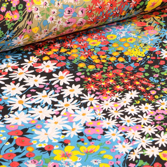 Coupon Tissu Viscose Arty Alicia sur fond Noir - Coupon de 120 cm