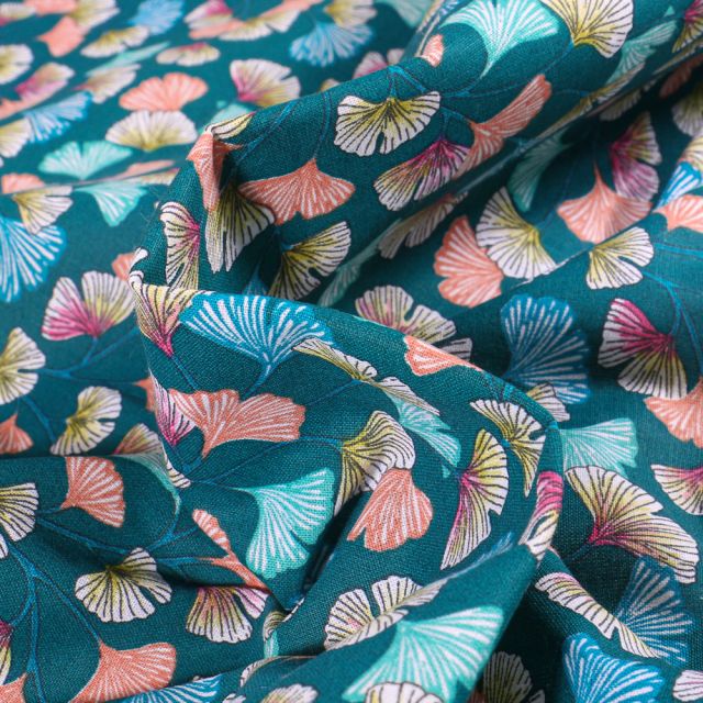 Tissu Coton imprimé  Arty Gingko multicolore sur fond Bleu pétrole - Coupon de 20 cm