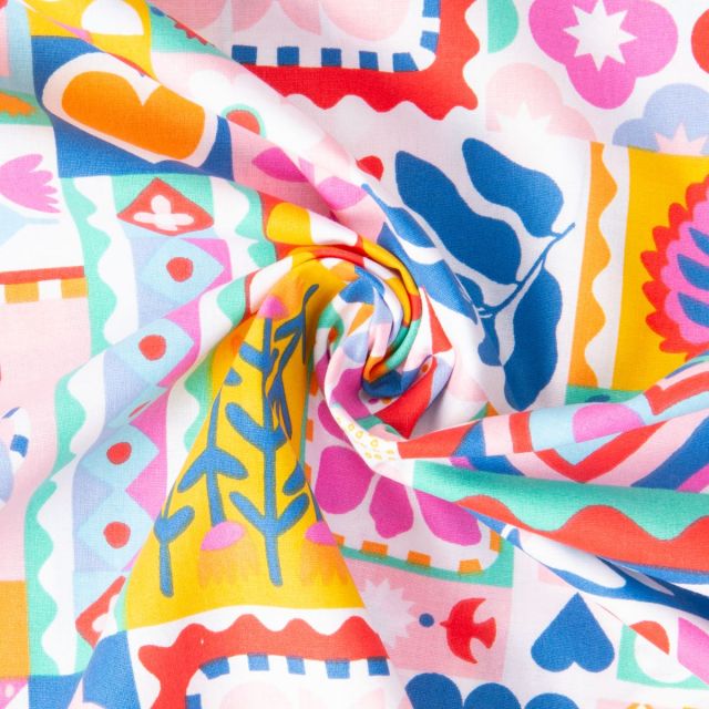 Tissu Coton imprimé Arty Bimba multicolore sur fond Blanc