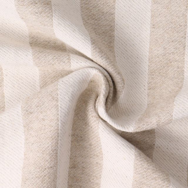Tissu Jacquard aspect Lin Elina rayures blanches sur fond Beige chiné