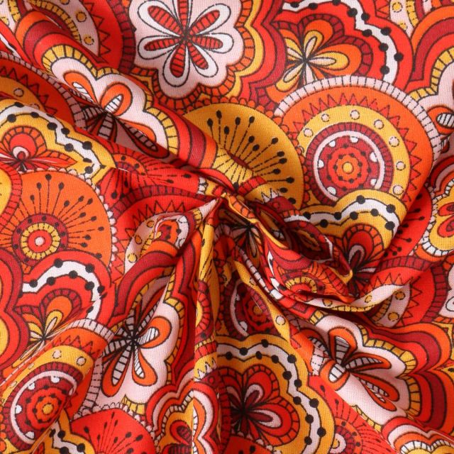 Tissu Popeline de Coton  Eugénie mandala floral Jaune sur fond Rouge