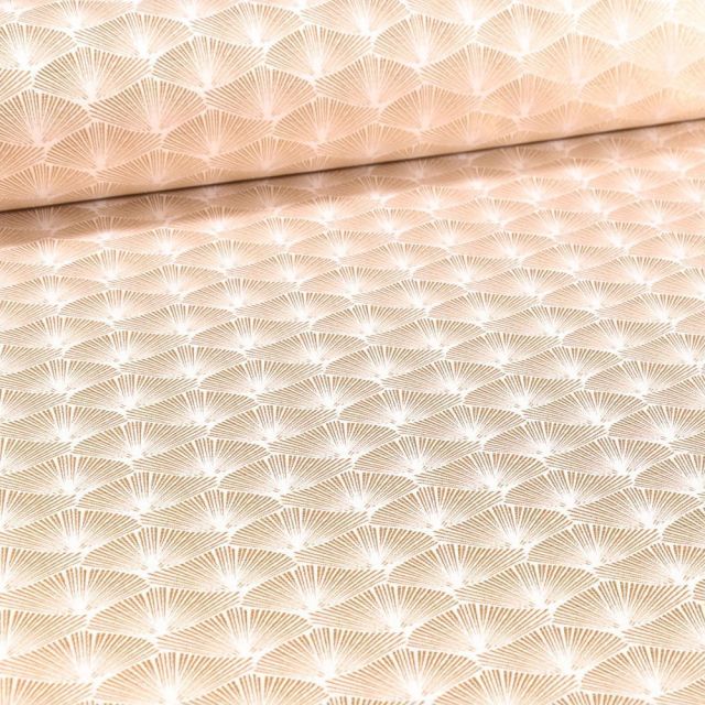 Tissu Jacquard Satiné Éventails lurex cuivre sur fond Blanc - Par 10 cm