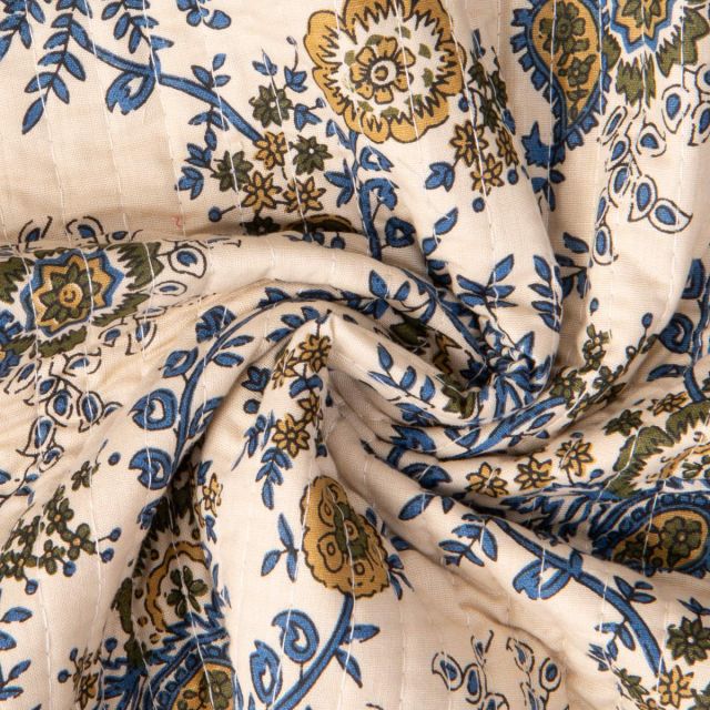 Tissu Coton Matelassé réversible Block print Indien Bombay sur fond Ecru