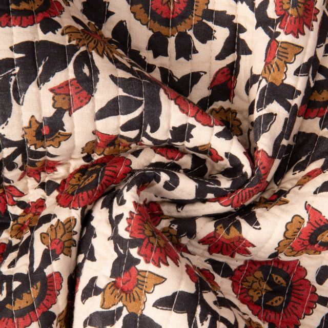 Tissu Coton Matelassé réversible Block print Indien Delhi sur fond Beige