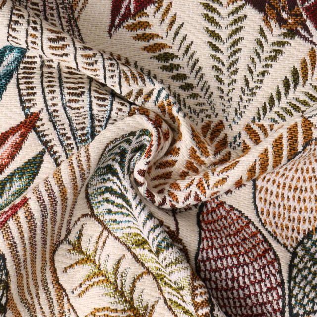 Tissu Jacquard Egyptia feuilles Brique sur fond Crème