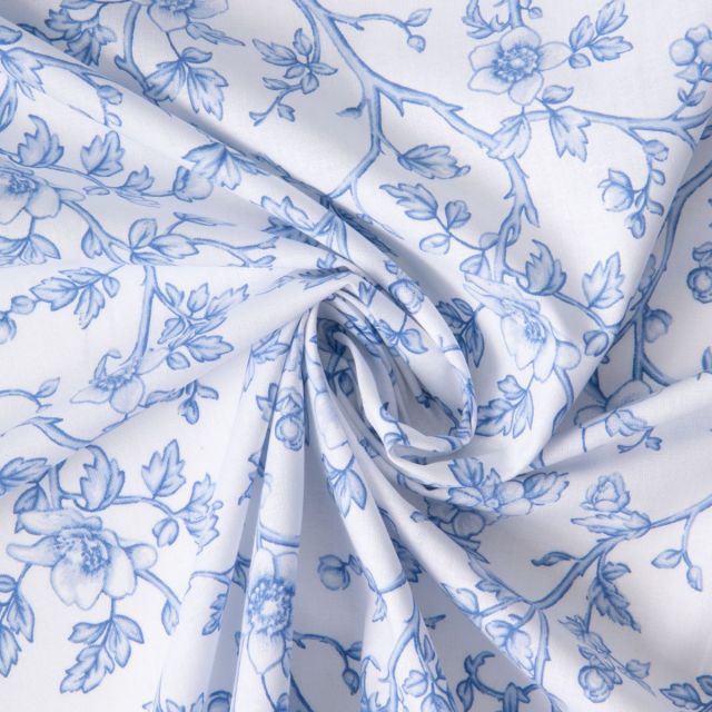 Tissu Coton imprimé Arty Floral Bleu Elisa sur fond Blanc