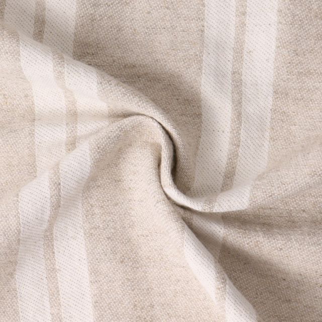 Tissu Polycoton aspect Lin Rama rayures blanches sur fond Beige
