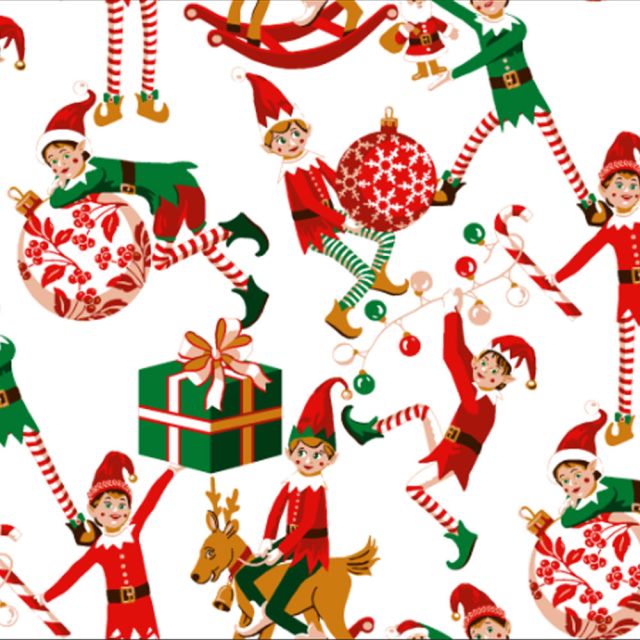 Coupon Tissu Coton imprimé Lutin de Noël sur fond Blanc - Coupon de 20 cm