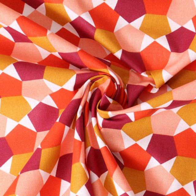 Tissu Popeline de Coton  Nora cubes imbriqués Bordeaux sur fond Blanc