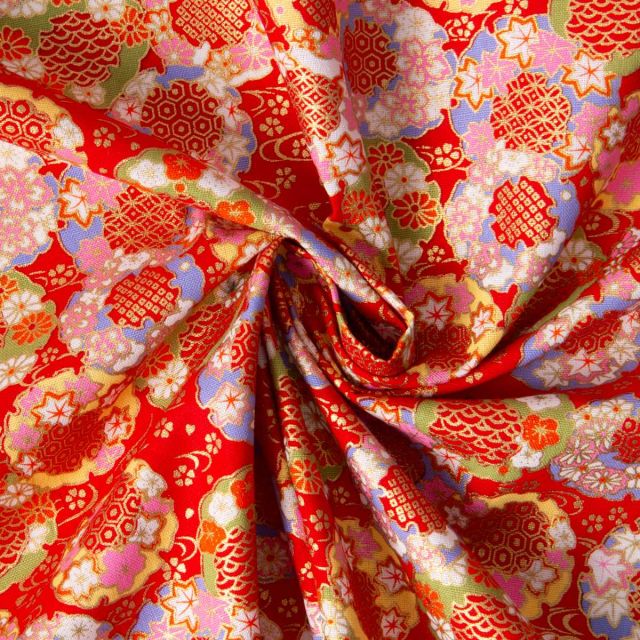 Tissu Coton imprimé lurex Arty Japan vibes sur fond Rouge