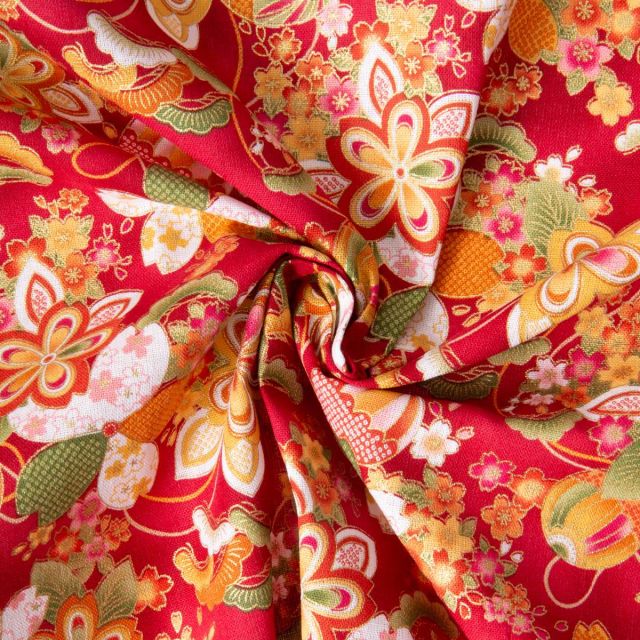 Tissu Coton imprimé lurex Arty Japan flower sur fond Rouge