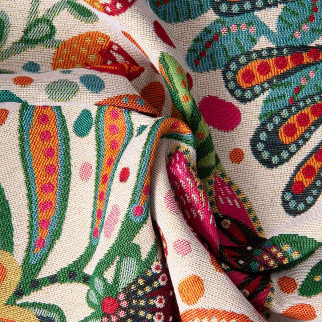 Tissu Jacquard d'ameublement floral décoratif sur fond Ecru