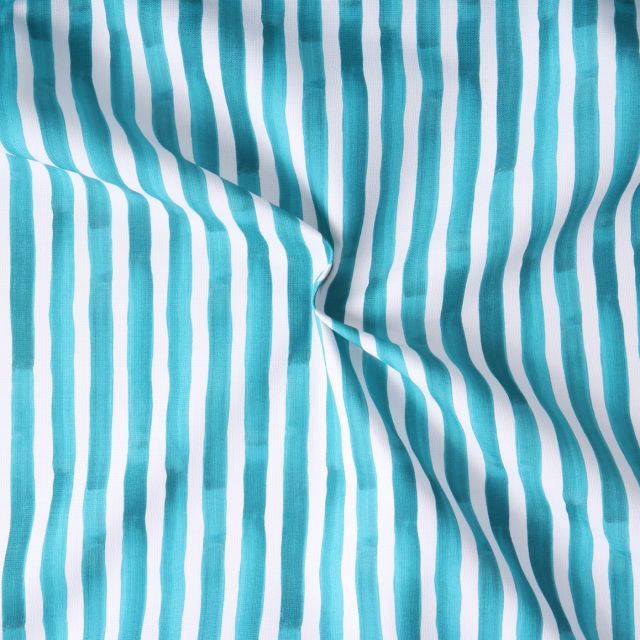 Tissu toile extérieure déperlant Ithaque rayures aqua Bleu turquoise sur fond Blanc