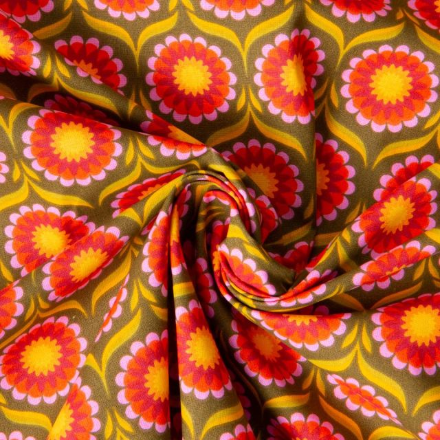 Tissu Coton imprimé Arty Soleil fleuris sur fond Vert kaki