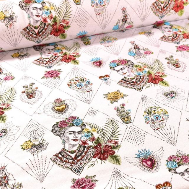 Tissu Toile jacquard Frida Khalo sur fond Blanc - Par 10 cm
