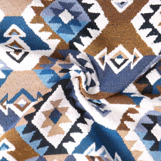 Tissu Jacquard Kilim motif géométrique sur fond Bleu