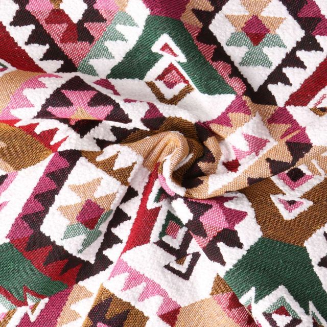 Tissu Jacquard Kilim motif géométrique sur fond Rose