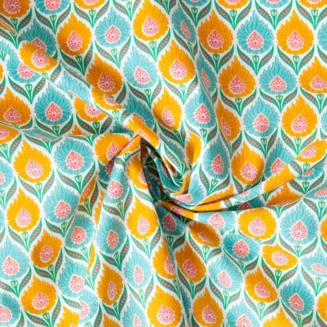 Tissu Coton imprimé Arty Luka jaune sur fond Vert menthe