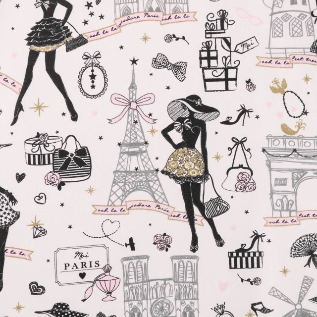 Coupon Tissu Coton Enduit Moi Paris Noir, doré et rose sur fond Ecru - Coupon de 20 cm