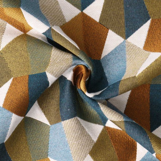 Tissu Jacquard  Mustang motif géométrique Bleu sur fond Vert kaki