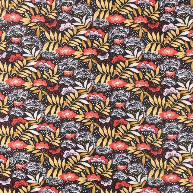 Tissu Coton Enduit Fleurs et feuilles moutarde, rouges et blanches sur fond Noir - Par 10 cm