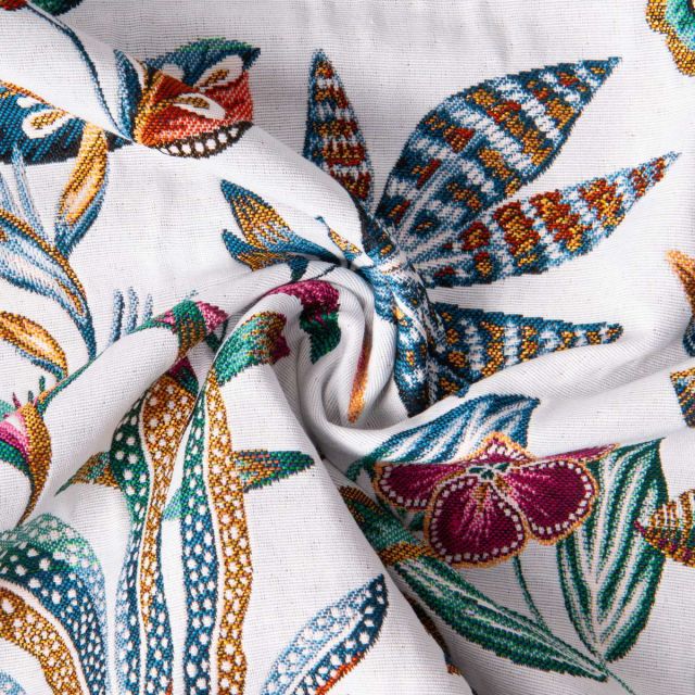 Tissu Jacquard Néroli multico sur fond Blanc
