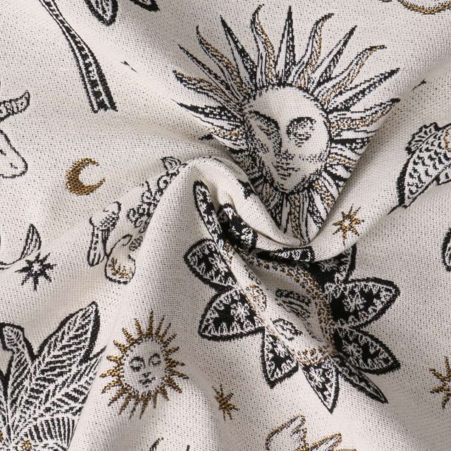 Coupon Tissu Jacquard Pygmalion motif mystique Noir sur fond Ecru - Coupon de 130 cm