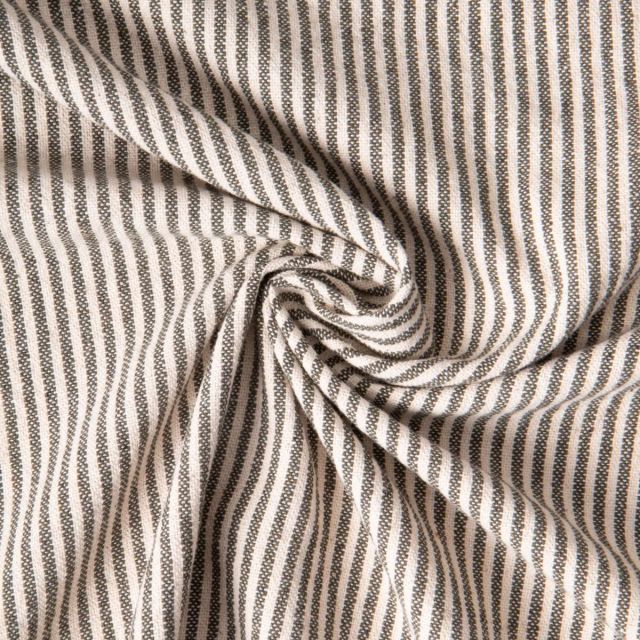 Tissu Coton d'ameublement Simone rayé Kaki sur fond Ecru