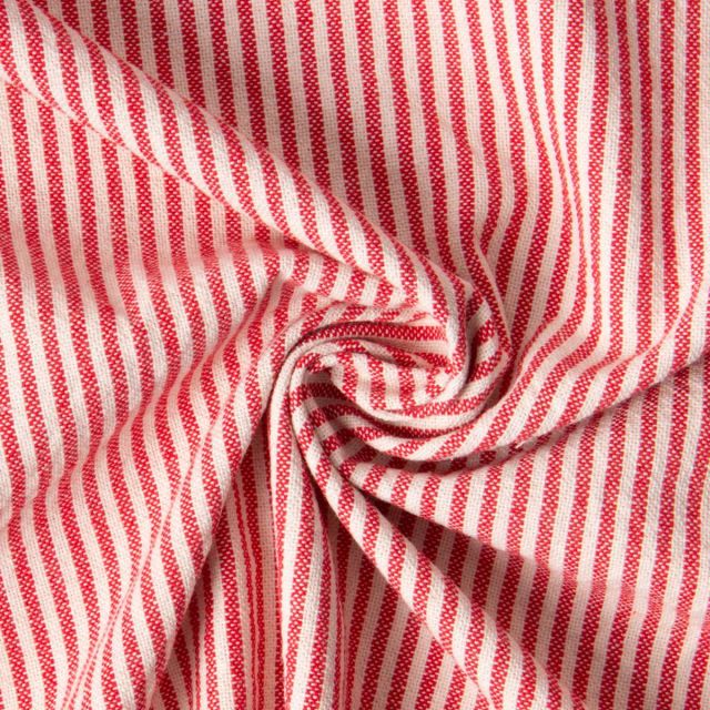 Tissu Coton d'ameublement Simone rayé Rouge sur fond Naturel