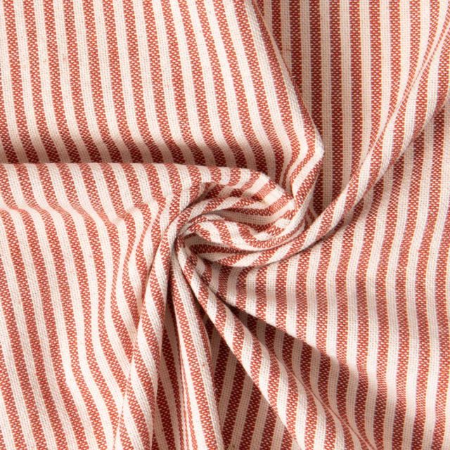 Tissu Coton d'ameublement Simone rayé Terracota sur fond Naturel