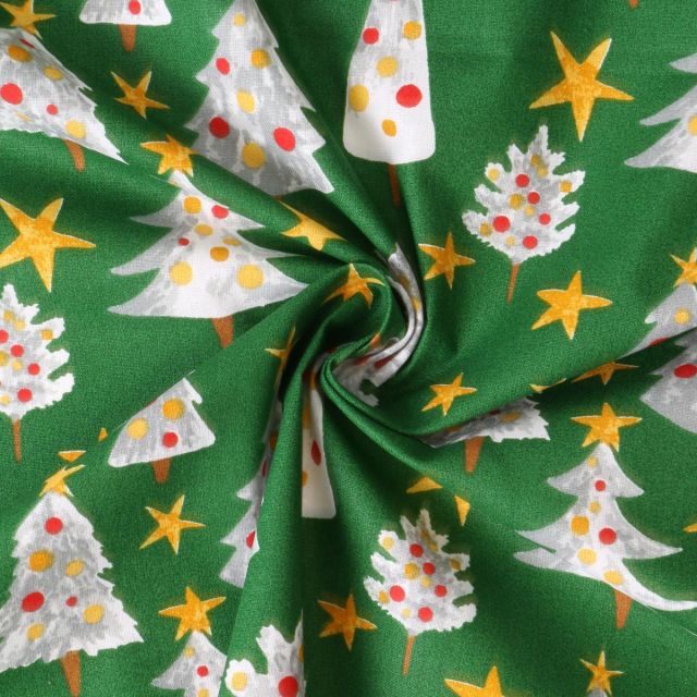 Tissu Popeline de Coton  Solveig sapins Blancs sur fond Vert