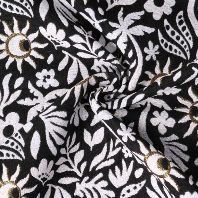 Tissu Jacquard Sunli motif floral Blanc sur fond Noir profond