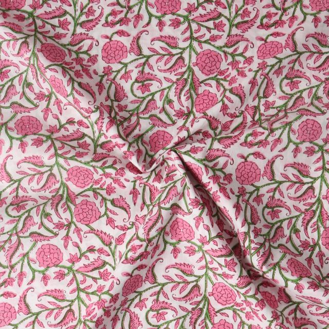 Tissu Voile de Coton Taj Mahal fleurs Roses sur fond Blanc