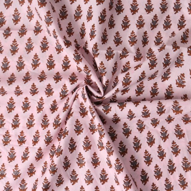 Tissu Voile de Coton Taj Mahal fleurs Terracota sur fond Rose blush