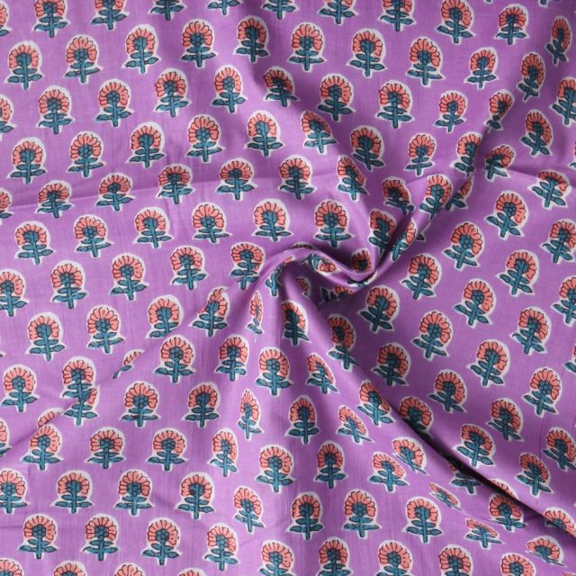 Tissu Voile de Coton Taj Mahal fleurs Oranges sur fond Violet