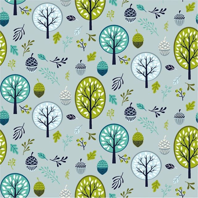 Tissu Jersey Coton LittleBird Arbres et feuilles Vert et menthe sur fond Gris - Par 10 cm