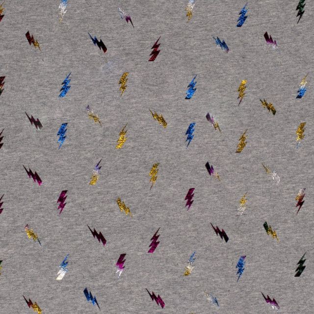 Tissu Jersey Coton Éclairs métallisés multicolores sur fond Gris chiné - Par 10 cm