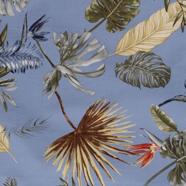 Tissu Bengaline satiné Fleurs de strelitzia et feuillages sur fond Bleu ciel - Par 10 cm