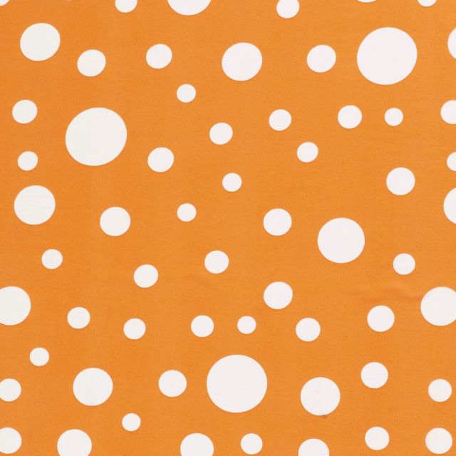 Tissu  Mousseline Pois blanc différentes tailles sur fond Orange - Par 10 cm