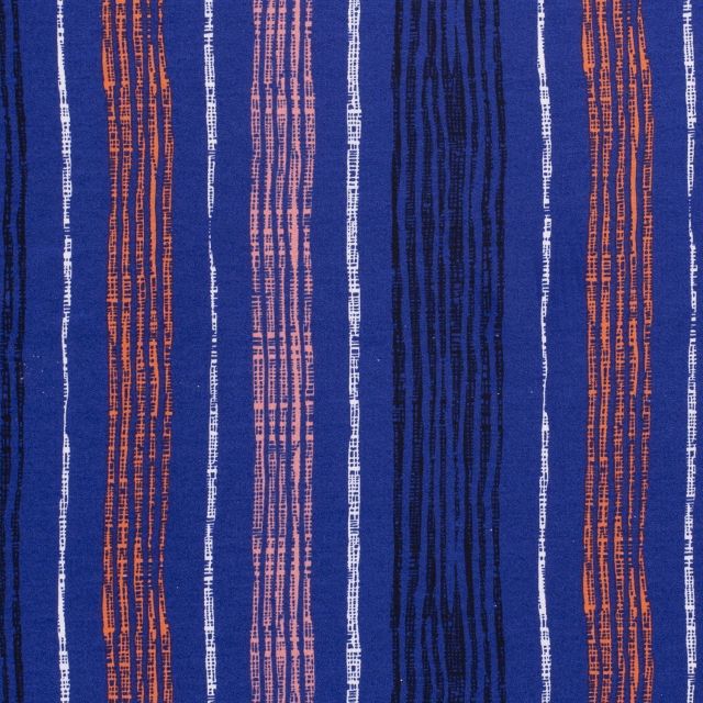 Tissu Jersey Viscose avec aspect crêpe Rayures colorés sur fond Bleu roi - Par 10 cm