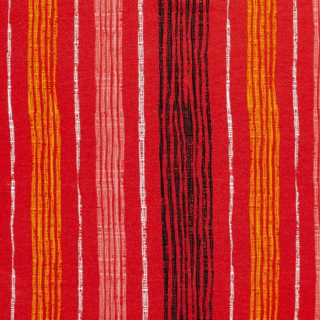 Tissu Jersey Viscose avec aspect crêpe Rayures colorés sur fond Rouge - Par 10 cm