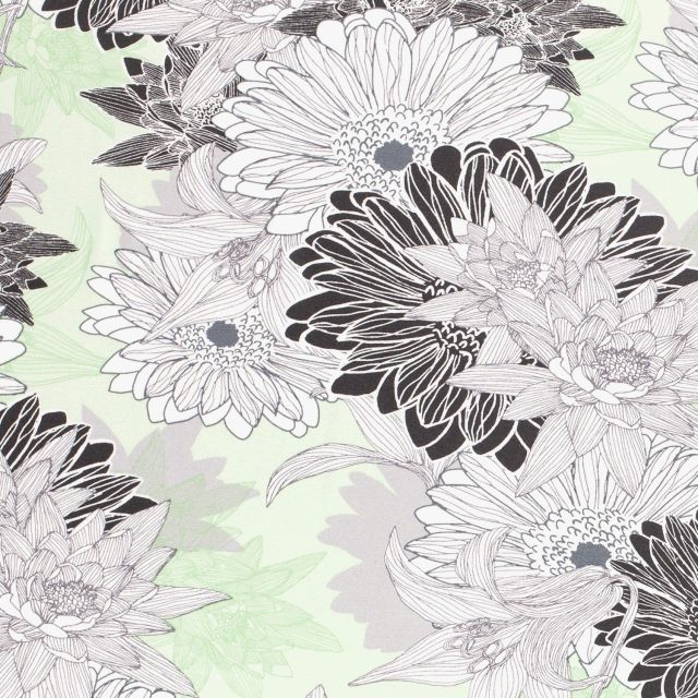 Tissu Jersey viscose  Grandes fleurs de nénuphar blanches et noires sur fond Vert d'eau - Par 10 cm