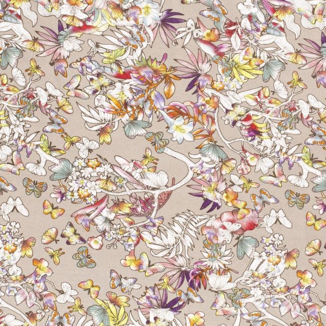 Tissu Jersey Viscose Papillons fleuris sur fond Taupe - Par 10 cm