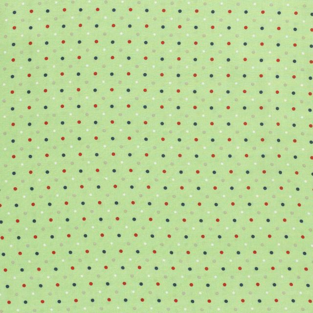 Tissu Viscose imprimé  pois gris, rouges, blancs et bleu marine sur fond Vert pomme - Par 10 cm