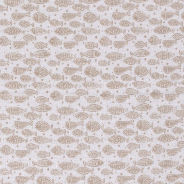 Tissu Jersey Velours Eponge Poissons et pois sur fond Blanc - Par 10 cm