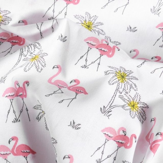 Tissu Coton Imprimé Arty Flamants roses et palmiers jaune sur fond Blanc - Par 10 cm