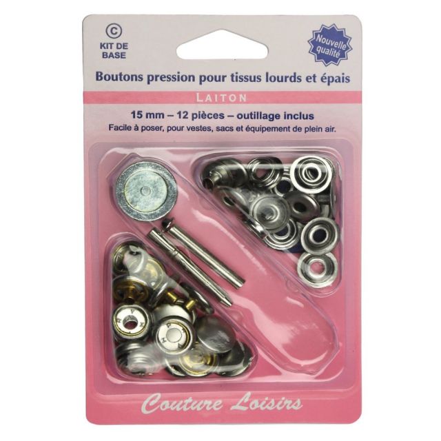 Boutons pressions 15 mm avec outillage couleur nickel