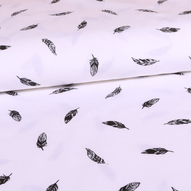 Tissu Coton LittleBird Blanc Plumes Noires - Par 10 cm